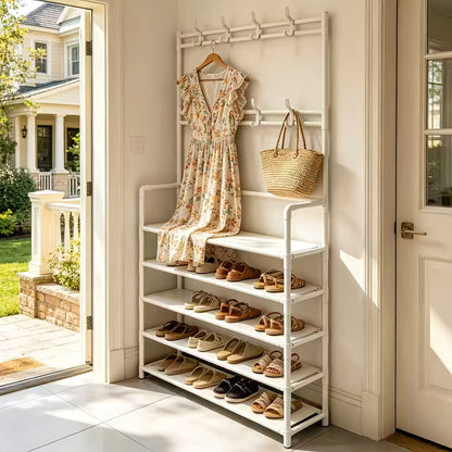 5-Tier Metal Shoe Rack With 8 Multi-Functional Hooks, Freestanding Entryway Organizer For Shoes, Coats, Hats & Bags, Space-Saving Shoe Storage Shelf For Hallway, Bedroom, Living Room