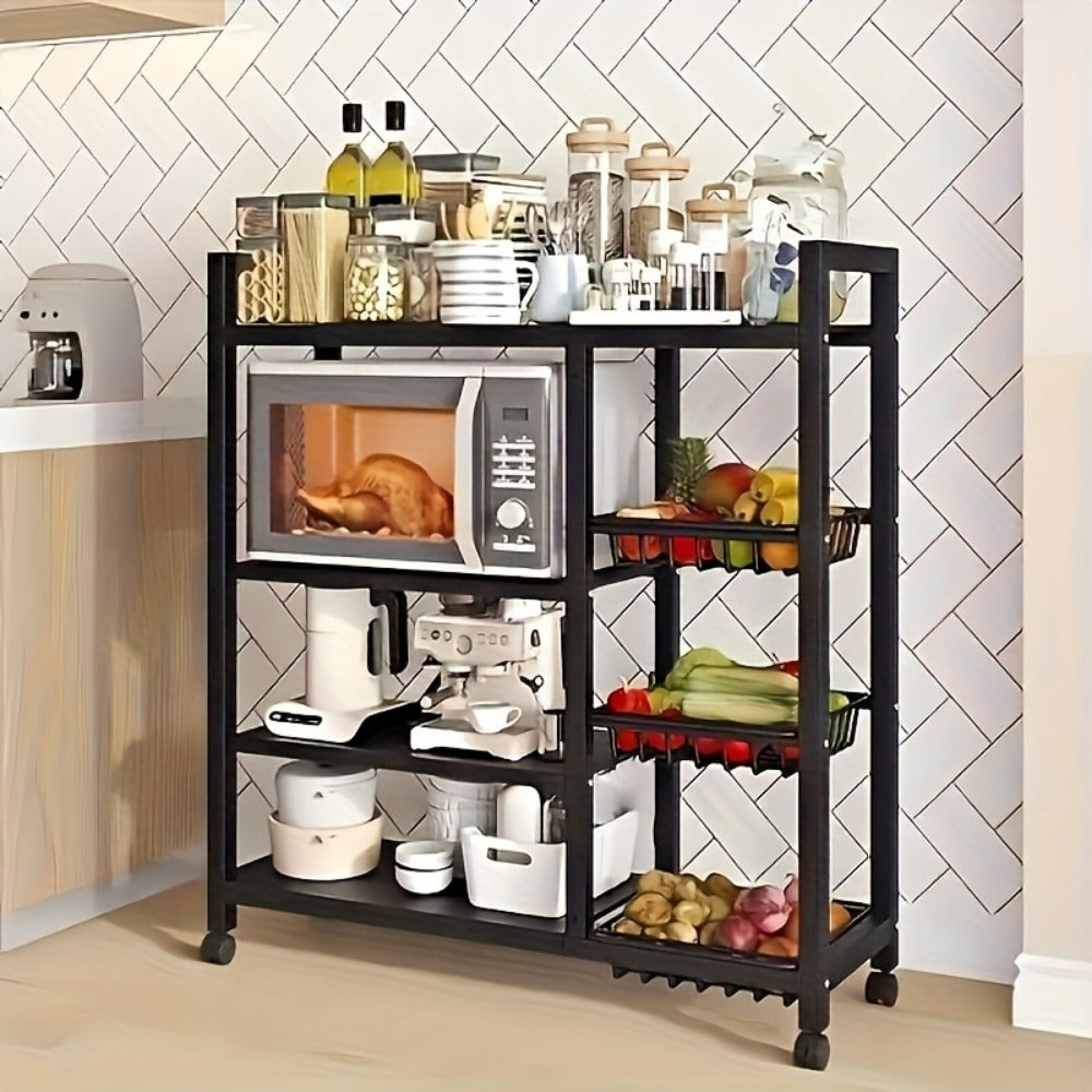 Rolling Metal Storage Rack with Wire Baskets, Adjustable Mobile Kitchen Storage Cart on Wheels, Multifunctional Food & Pantry Organizer for Kitchen, Bathroom & Pantry, Space-Saving Design