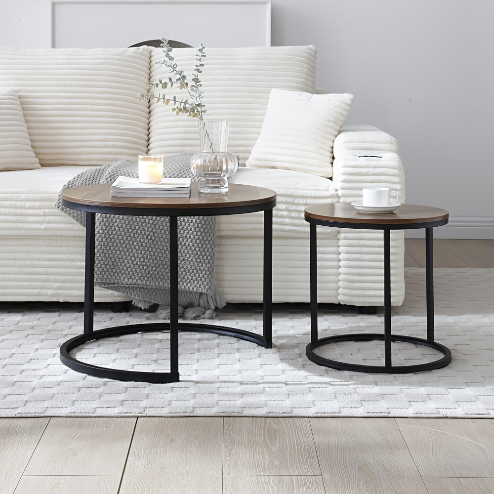 Space Saving Nesting Coffee Table Set Of 2, Modern Faux Marble Round Tables with Golden Frame, Small Apartment Living Room Furniture