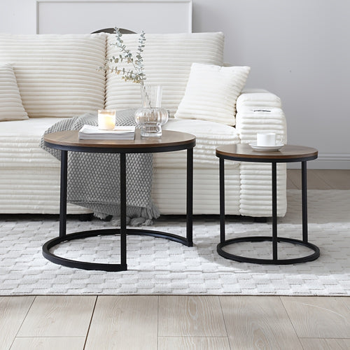 Space Saving Nesting Coffee Table Set Of 2, Modern Faux Marble Round Tables with Golden Frame, Small Apartment Living Room Furniture