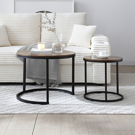 Space Saving Nesting Coffee Table Set Of 2, Modern Faux Marble Round Tables with Golden Frame, Small Apartment Living Room Furniture