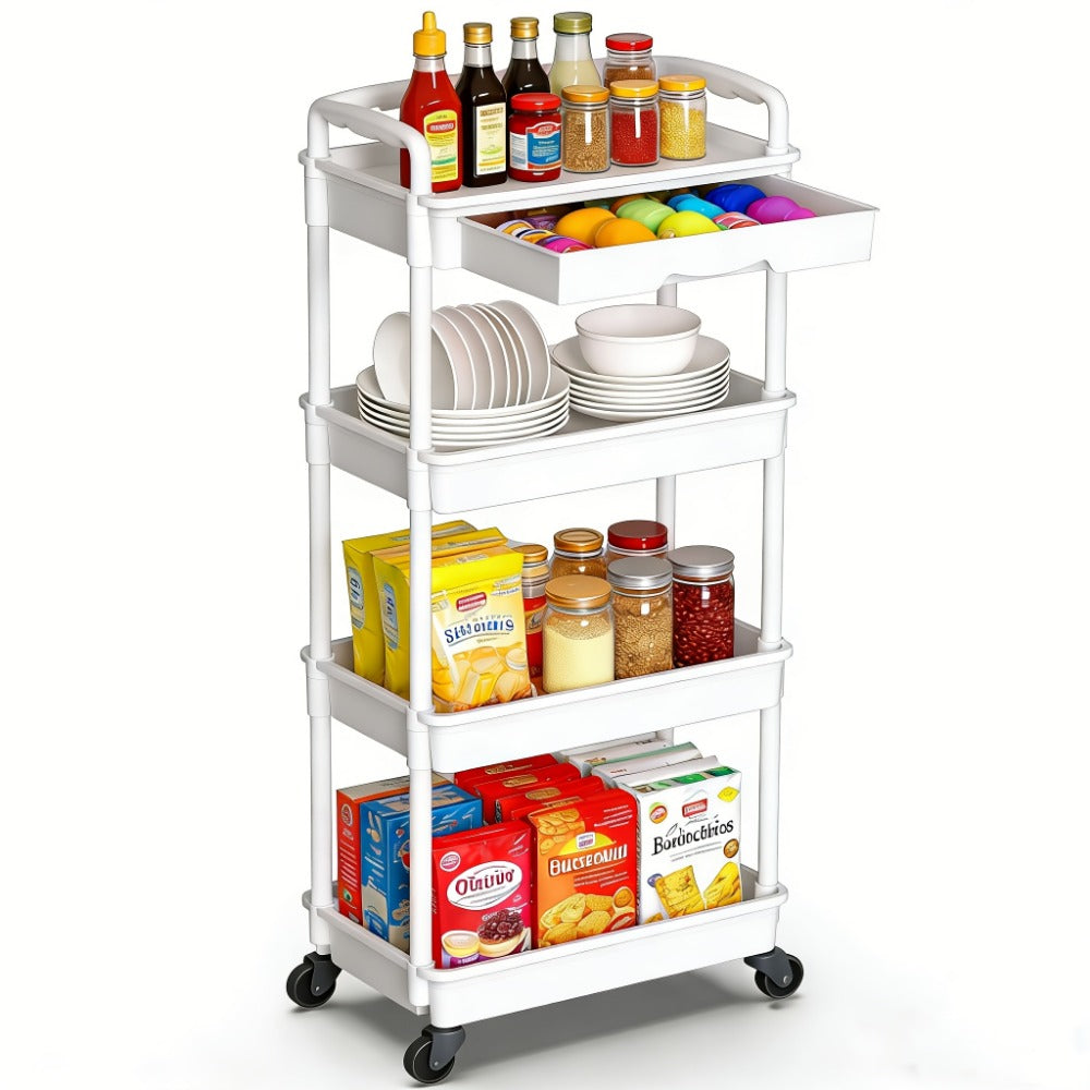 Rolling Storage Cart with Drawers 3 or 4 Tier Plastic Organizer Lockable Wheels Cup Holder Hooks for Kitchen Bathroom Living Room Bedroom Purple Black Blue Green Grey Pink White