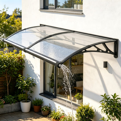 Polycarbonate Window Awning with Large Gutter – UPF50+ Rain, Sun & UV Protection Canopy for Windows, Doors & Garage – Transparent & Grey Panels, ABS Brackets, 9 Sizes (32"-40" Wide)