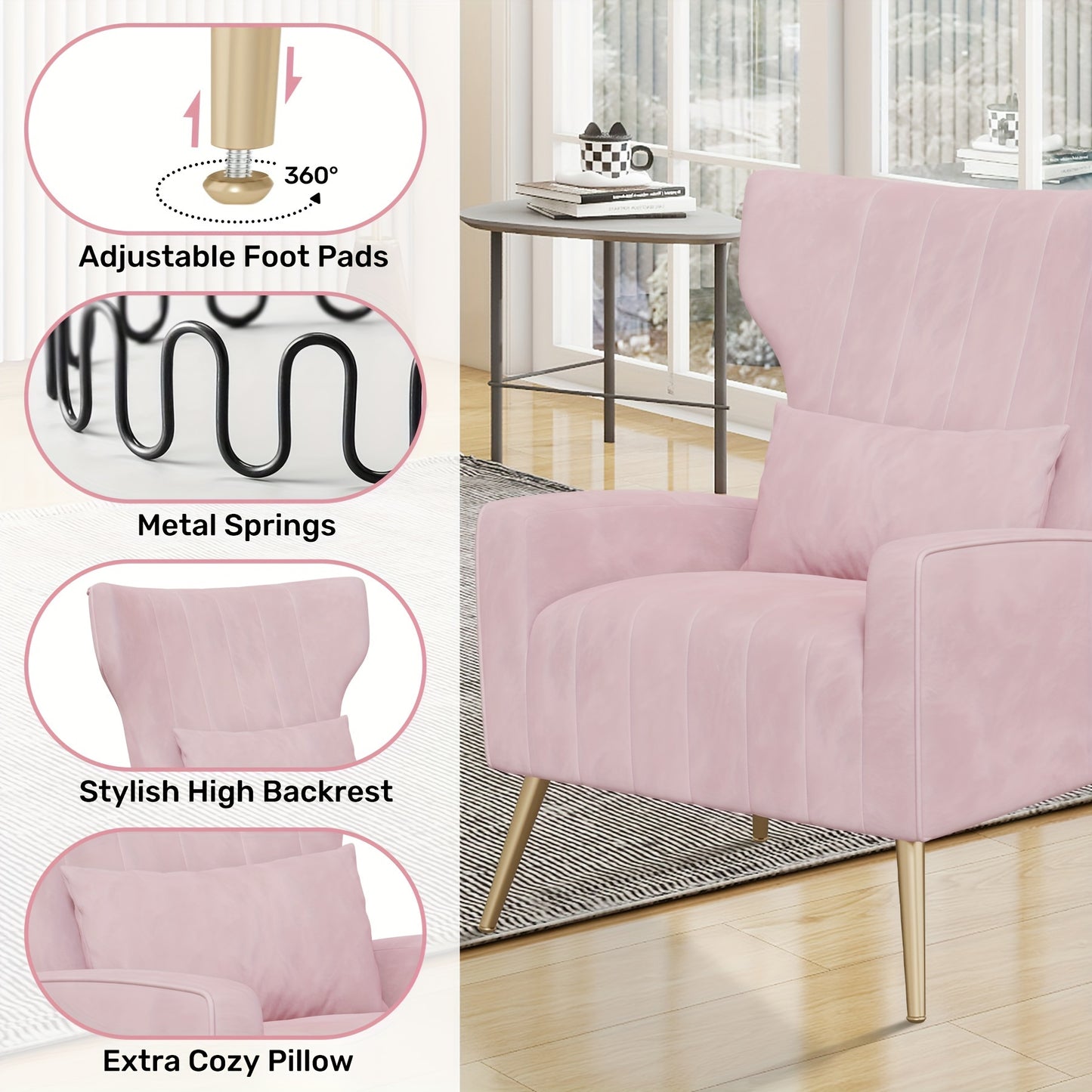 Velvet Accent Chair Wingback for Living Room, High Back Arm Chair with Golden Legs Lumbar Pillow, Upholstered Single Sofa Bedroom, Local Warehouse.