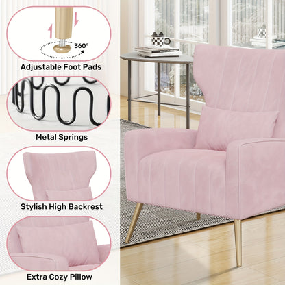 Velvet Accent Chair Wingback for Living Room, High Back Arm Chair with Golden Legs Lumbar Pillow, Upholstered Single Sofa Bedroom, Local Warehouse.