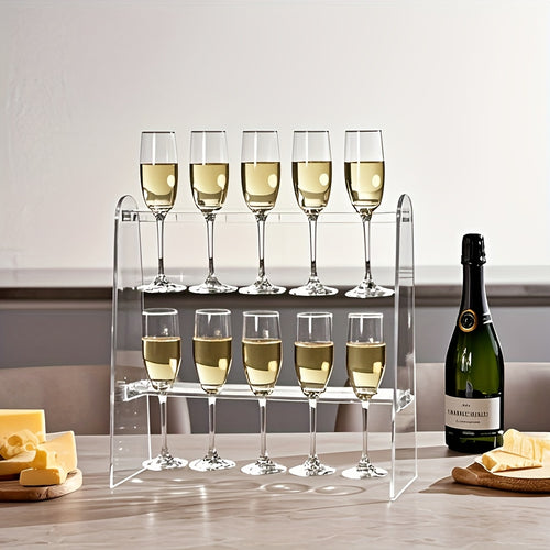 1pc 2-Tier Transparent Acrylic Champagne Glass Holder - 10-Hole Hanging Rack for Home Bar, Party, Restaurant - Space-Saving Countertop & Wall-Mountable Display Organizer, Champagne Decor, Party Drink Accessory, Sleek Drinkware, Polished Finish