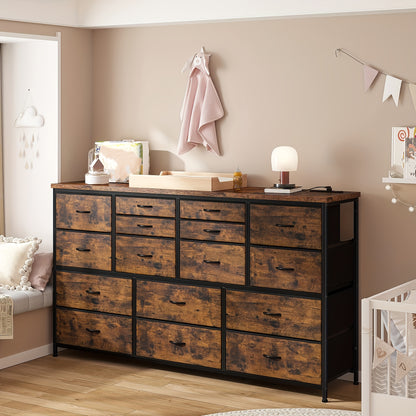 [16 Drawers Storage Cabinet] Fabric Drawer Storage Cabinet, 16 Drawers, Long, Black Wood Grain/White/Tiger Stripe/Medium Gray