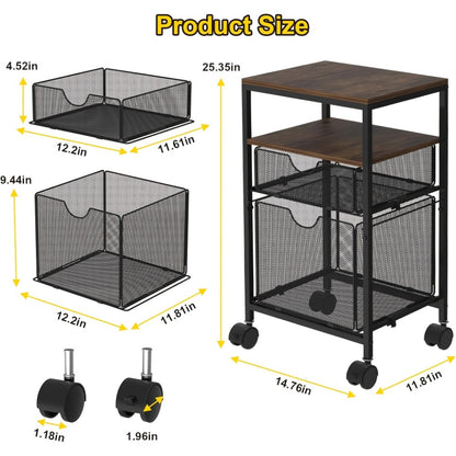 Rolling File Cart with Drawer for Hanging File Folders – Under Desk Office Cart with Paper Trays, Wood & Mesh 3-in-1 File Organizer, 14.8"L x 11.8"D x 27.7"H