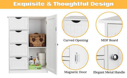 Bathroom Floor Cabinet with 4 Drawers & Cupboard, Side Storage Organizer with 2 Open Shelves, Freestanding Bathroom Vanity Cabinet for Small Spaces, White