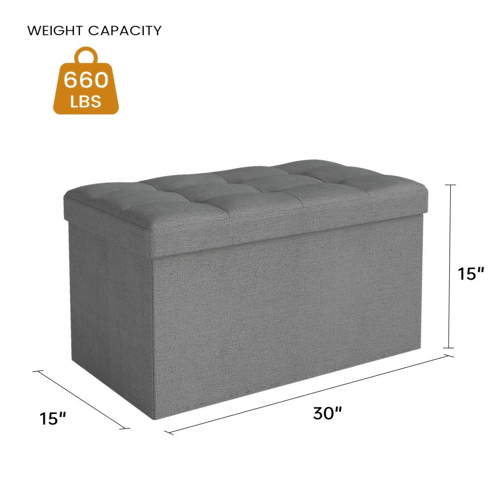 Storage Ottoman Bench with Storage Upholstered Leather & Linen 30 31.5 43.5 Inch Bedroom Living Room Entryway Closet Lift Top Hidden Compartment Footrest Seat Black Gray