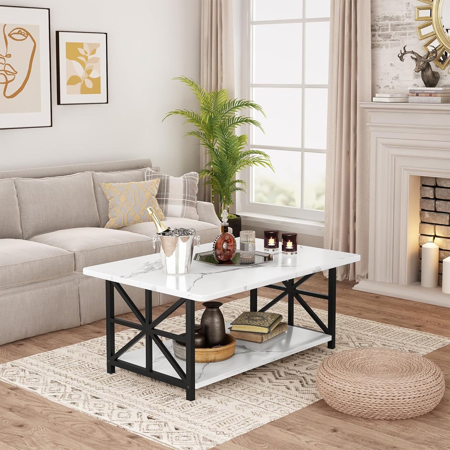 LTTROMAT Modern Coffee Table for Living Room, Faux Marble 2-Tier Coffee Table with MDF Broad & Metal Frame, Farmhouse Style Rectangular Center Table for Small Space, Space Saving Tea Table for Bedroom, Kitchen, Office