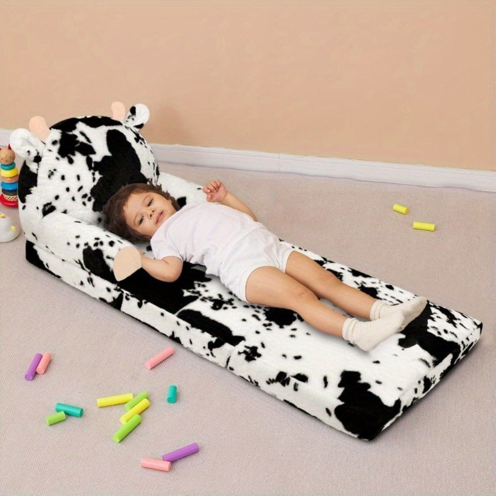 Kids Foldable Sofa Chair, Soft Plush Milk Cow Pattern 2-in-1 Flip Open Children's Lounger, Removable Washable Cover, Lightweight Comfy Animal Chair for Boys & Girls Reading Nook