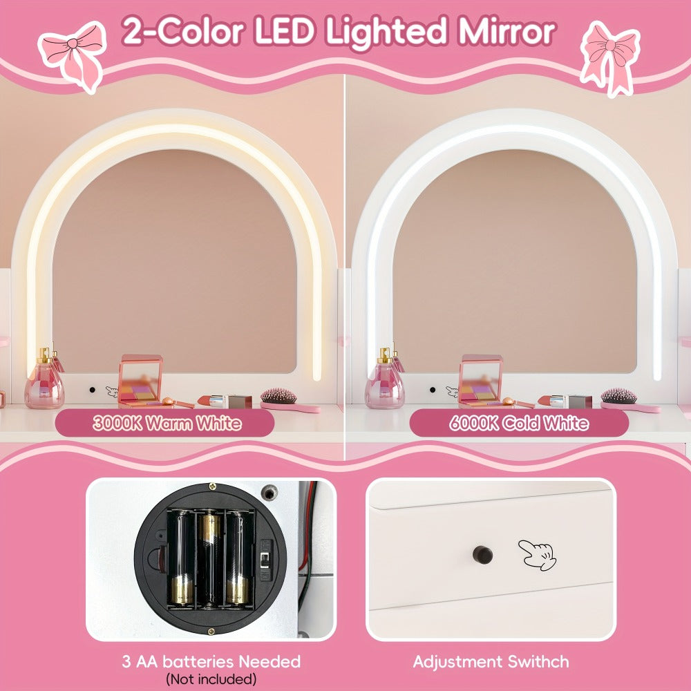Girls' 2-in-1 Princess Vanity Set with Lighted Mirror (Cool/Warm) - Makeup Desk & Chair with Storage Cabinet, Bookshelf & Shelves, MDF Beauty Table for Toddler Girls Room, Easy Assembly Required - Ideal Kids Furniture Gift for Birth