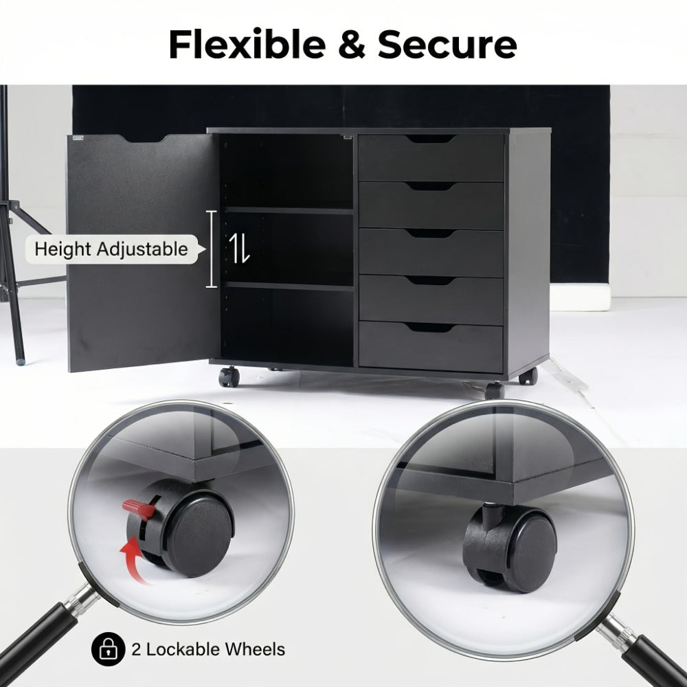 5-Drawer Office Storage Cabinet with Wheels & Printer Stand – Wooden Chest of Drawers with Adjustable Shelves & Locking Casters for Home Office, Black & White