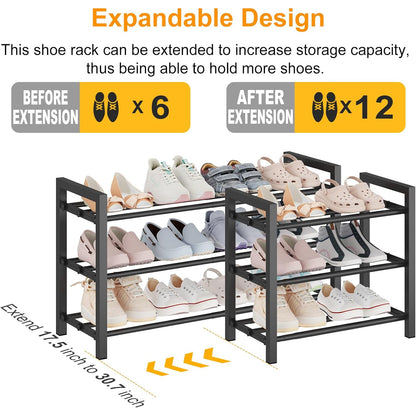 3-Tier Expandable Shoe Rack | Adjustable Heavy-Duty Metal Shoe Organizer Shelf for Closet, Entryway, Mudroom & Garage - Durable Freestanding Storage, Black