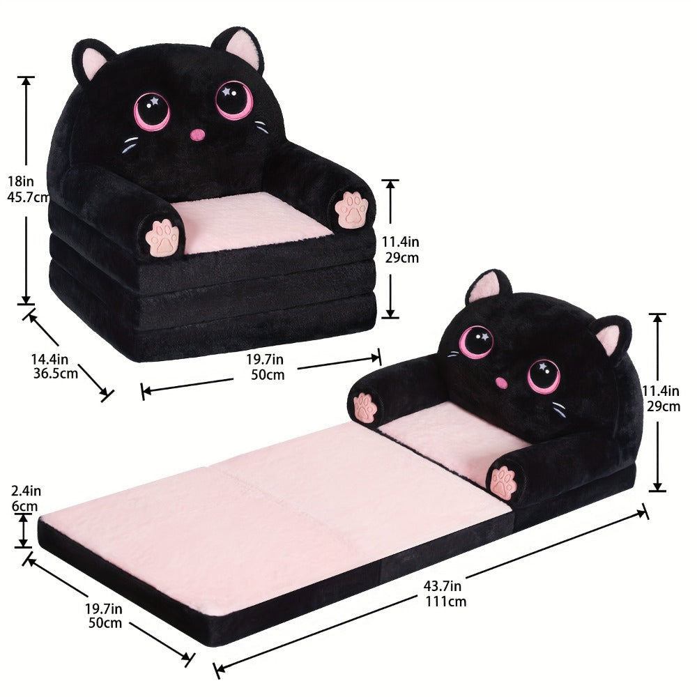Kids Sofa 2-In-1 Foldable Velvet Memory Foam Chair Black Pink Cat Lounger for Reading Relaxing Playroom Furniture Girls Room Decor Cat Theme Bedroom
