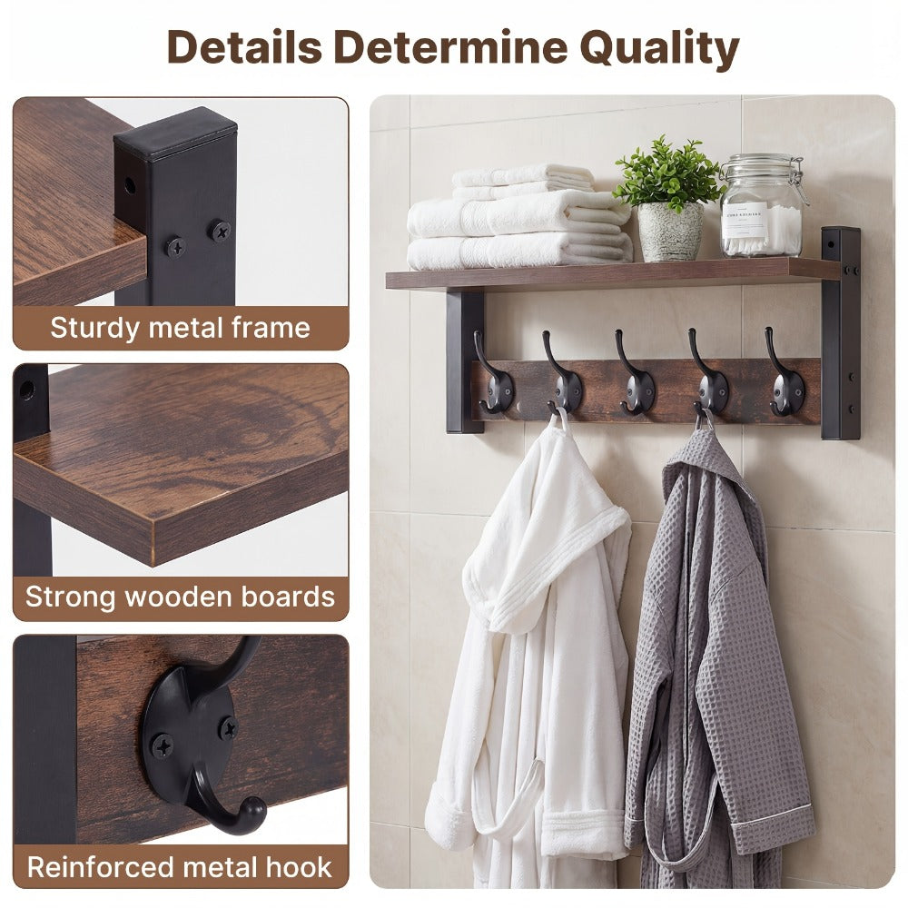 Wall-Mounted Coat Rack with Shelf & Hooks Heavy Duty Industrial Metal, Rustproof Entryway Organizer Multi-Tier Storage for Hallway Mudroom Porch, No Assembly Required Vintage Style