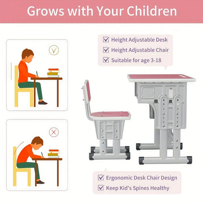 1 Set Classic Adjustable Height Youngsters Desk And Chair, Ergonomic Metal Study Table with Utility Drawer, Floor Mounted School Furniture for Youngsters Aged 3-18 Years, Ideal Christmas Gift