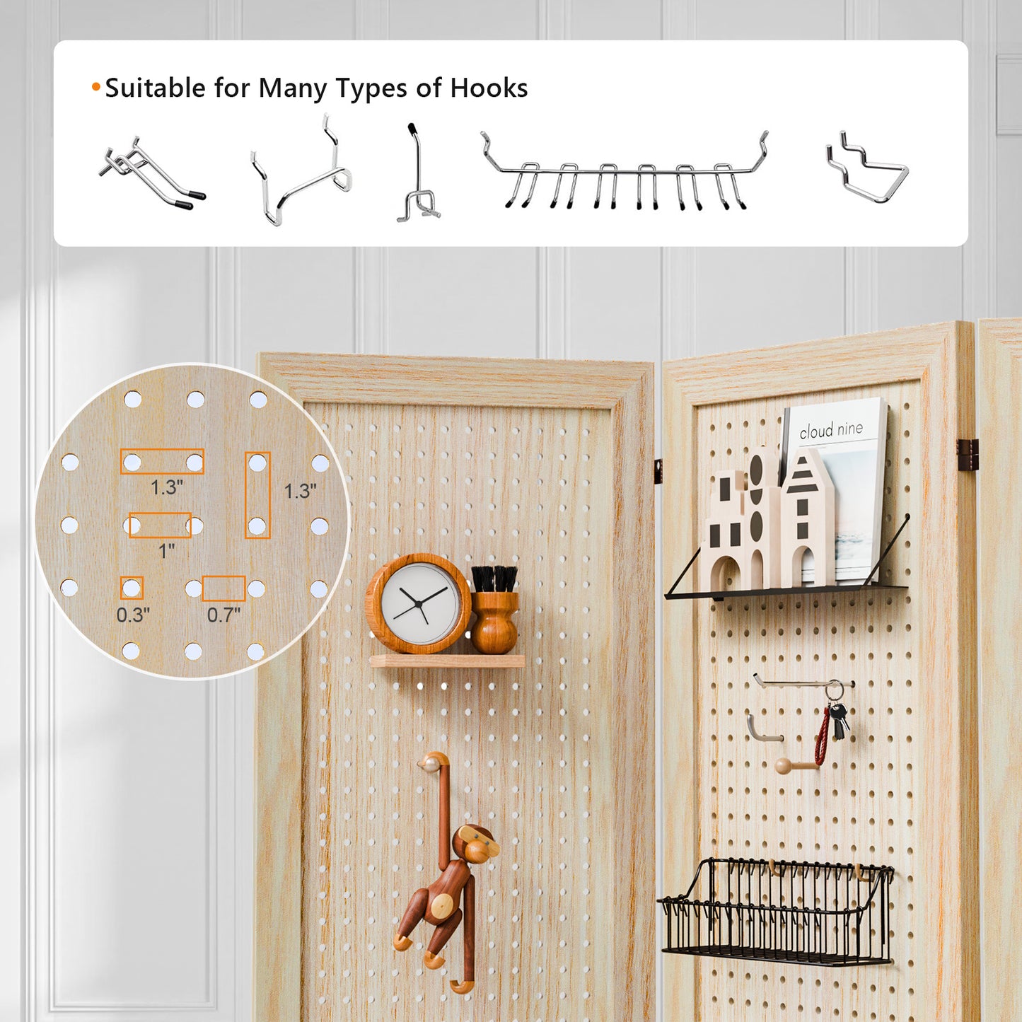 VINGLI 60''H Freestanding Pegboard, Wood Room Divider Display Board Organizer with Support Feet, Folding Privacy Screen Partition Space Separator for Craft Shows Events Retail