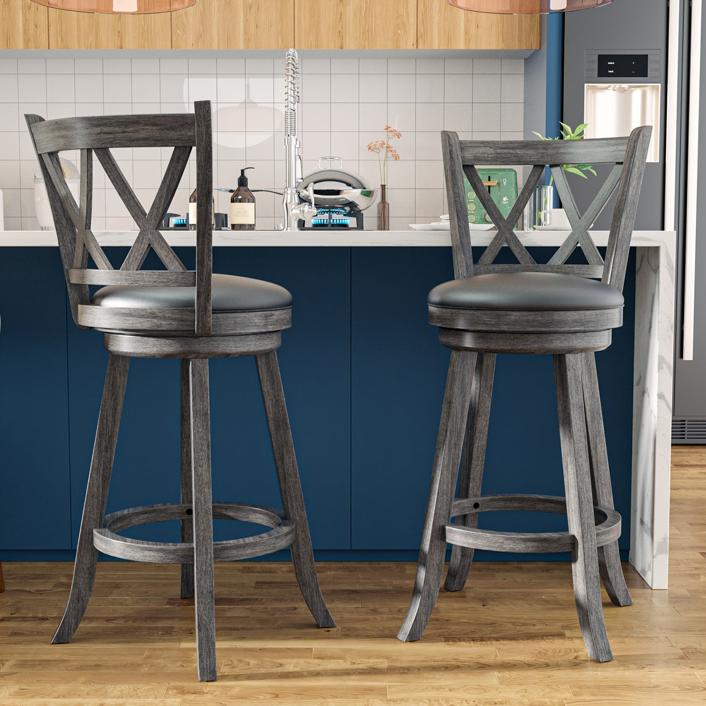 2 Set High Back Swivel Bar Stools with Upholstered Seat & Solid Wood Footrest, Rustic Counter Height Stools for Kitchen & Pubs