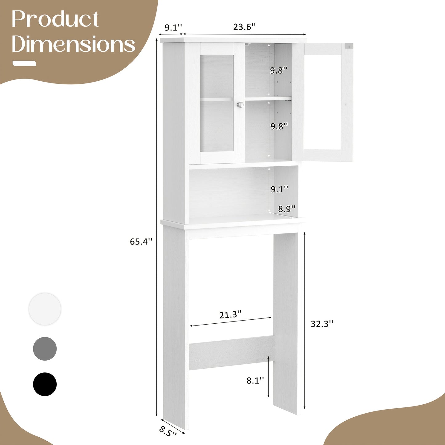 Bathroom Storage Over The Toilet, Bathroom Cabinet Organizer with Adjustable Shelves And Double Glass Doors, Wood Bathroom Space Saver