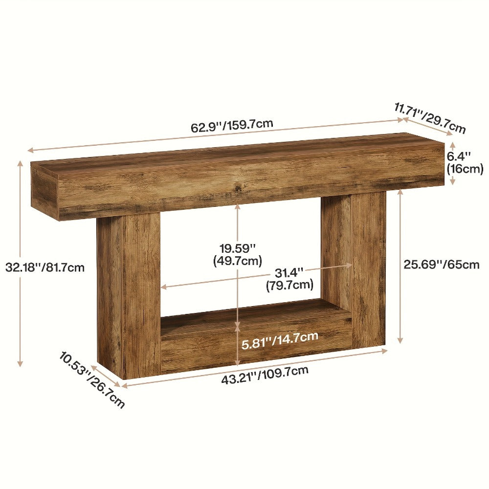 Farmhouse Console Table with U-Shaped Base & Open Shelf, Rustic Country Style MDF Entryway Table for Living Room Hallway Foyer Corridor