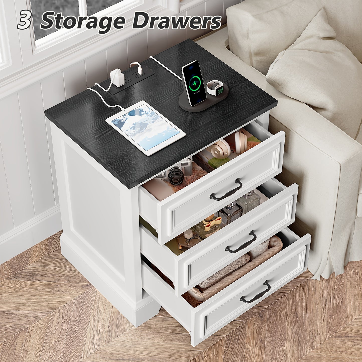 [Nightstand with Charging] Farmhouse Nightstand with Charging Station, White Bedside Table with 3 Drawers, Modern Side End Table for Bedroom, Living Room