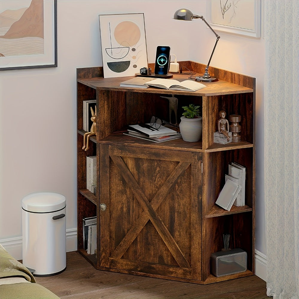 Modern Rustic Corner Cabinet with USB Ports & Outlets - /Particle Board Suitable for Small Spaces, 6-Cubby Bookshelf Storage Shelf with Stations, -Standing Organizer for Home Office,, Living Room (Assembly Required)