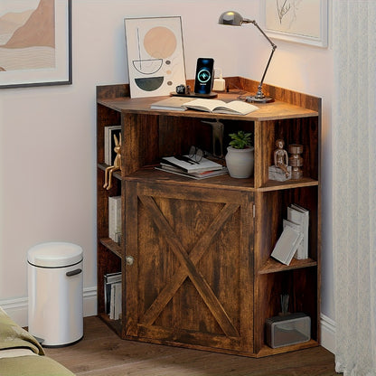 Modern Rustic Corner Cabinet with USB Ports & Outlets - /Particle Board Suitable for Small Spaces, 6-Cubby Bookshelf Storage Shelf with Stations, -Standing Organizer for Home Office,, Living Room (Assembly Required)