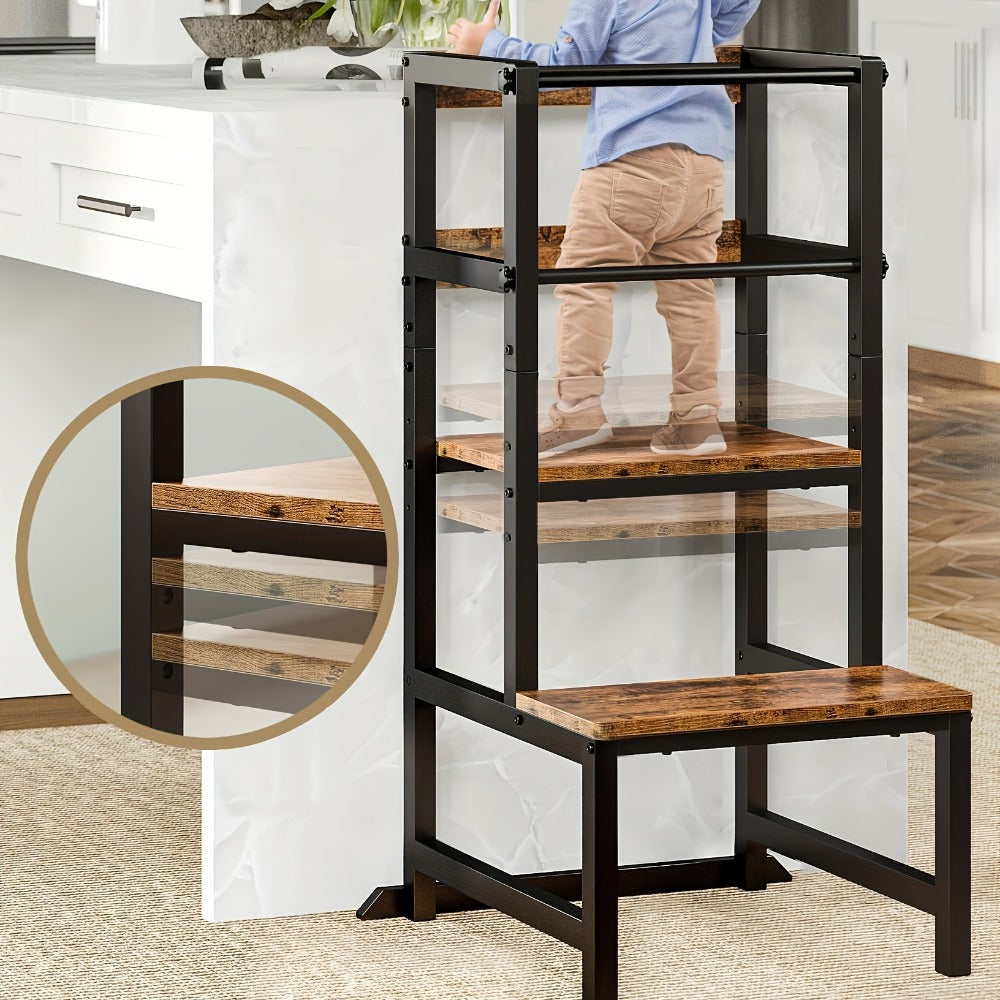 Adjustable Toddler Step Stool with Safety Rail, Wooden & Steel Learning Tower for Kids, Height Adjustable Kitchen Stool for Toddlers