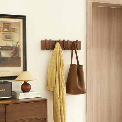 Modern Walnut Wooden, with 4/6/8/10/12 Hooks, Coat Rack, Hooks, Wall Mounted, Accordion, Entryway, Bedroom, Bathroom, Solid Wood, Smooth Polishing, Stable Adhere, Holds 22 Lbs, Floating Shelves