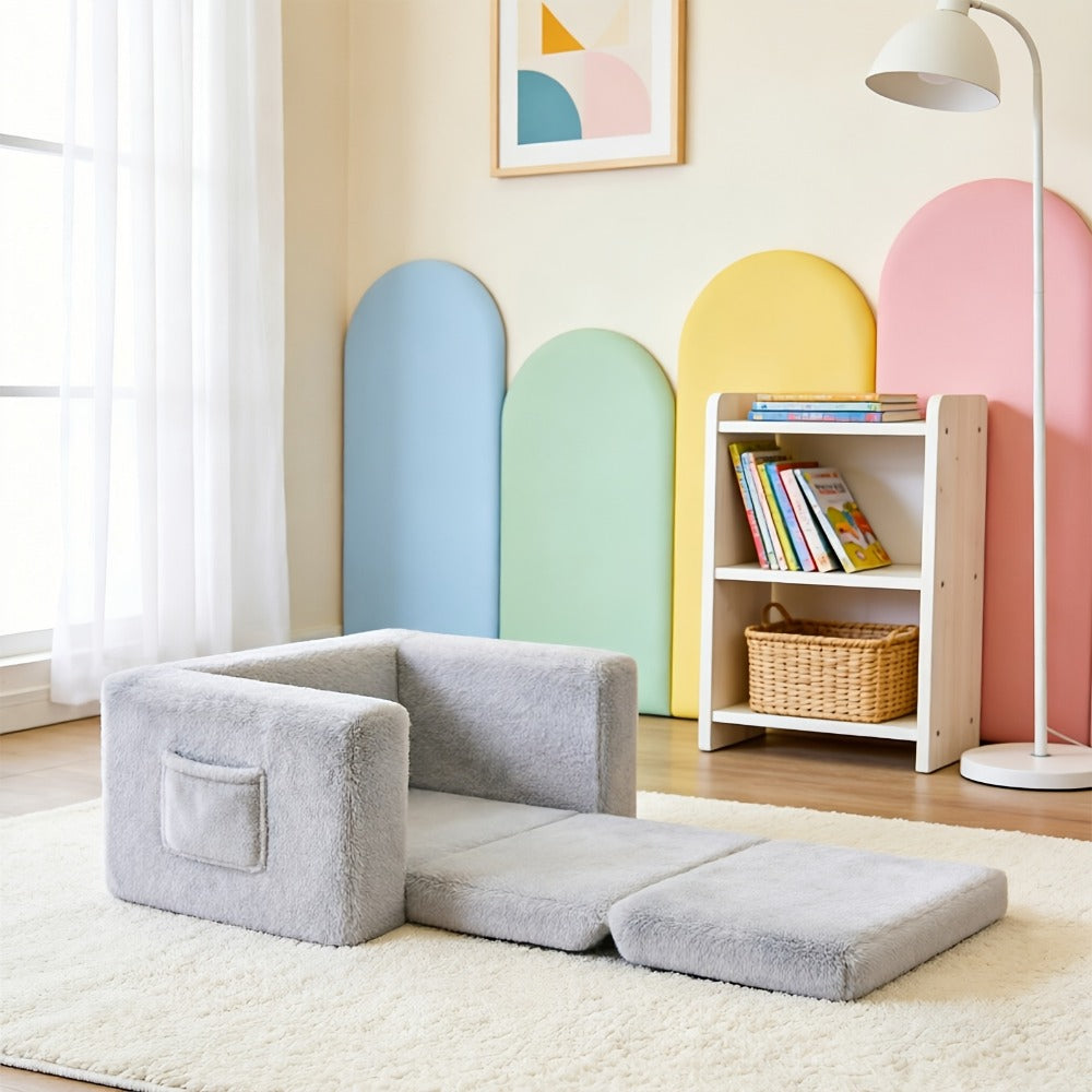 Kids Sofa 2-in-1 Convertible to Recliner Chair - Soft Plush Gray/Pink/White Youngsters Lounge Chair with Storage Pocket, Cozy Folding Playroom Furniture for Boys And Girls, Youngsters Playroom Furniture Pocketed Armrests | Velvet Upholstery, Chair