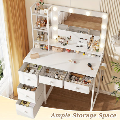 Vanity Desk with Lights - Makeup Vanity with Power Strip, 5 Large Drawers & 3 Lighting Color Adjustable Mirror, Dressing Table Set