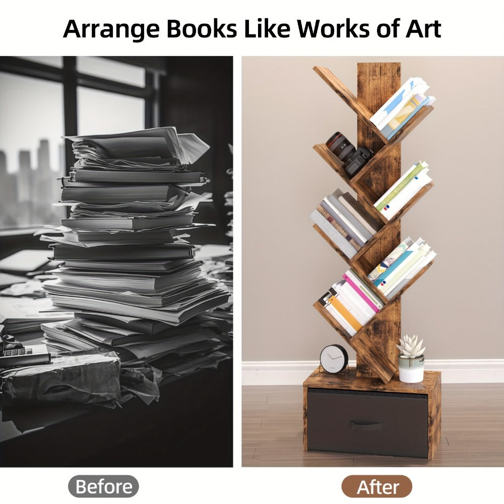 6-Tier Tree Shaped Bookshelf with Drawer – Rustic Brown Wood Book Storage Shelf for Living Room, Bedroom & Home Decor, Freestanding Display Organizer for Books, CDs & Movies