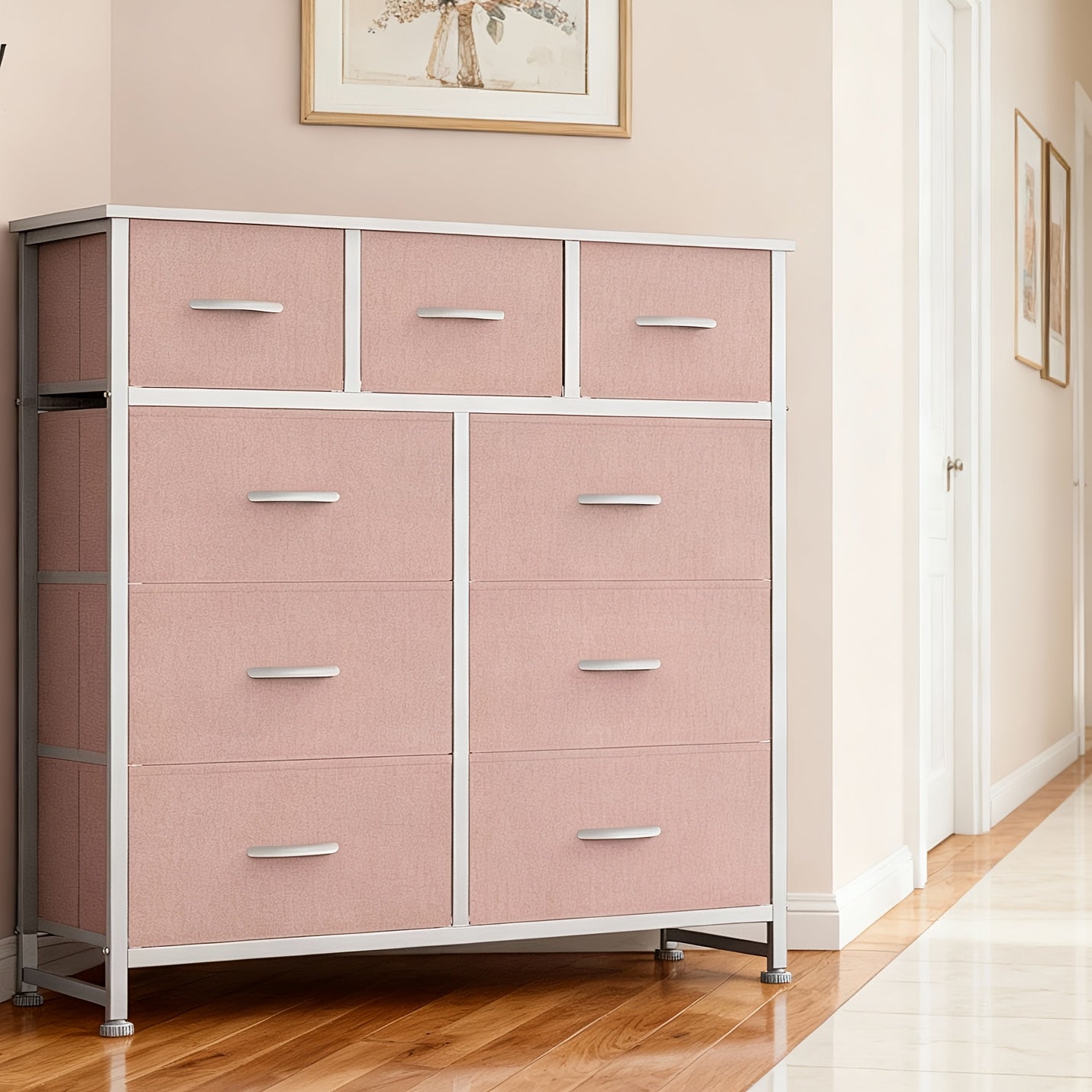 9 Drawer Fabric Dresser with Bins Tall Chest Organizer for Bedroom Closet Hallway Steel Frame Wood Top Easy Pull Handles