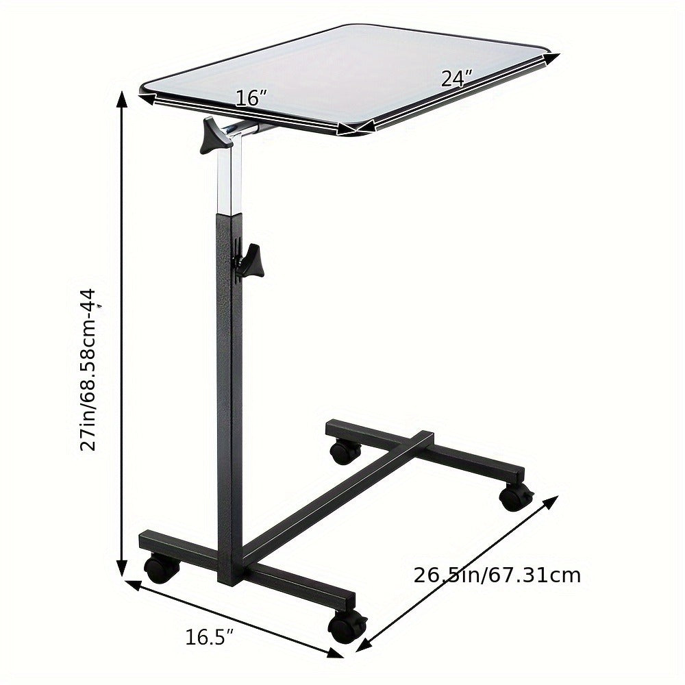 Height Adjustable Rolling Overbed Table with Wheels & Brakes – Mobile Laptop Desk Side Table 27"-44", MDF Top Iron Frame for Bedroom Living Room Kitchen Study, Black & Gray