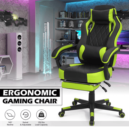 Ergonomic Gaming Chair with Retractable Footrest & Detachable Lumbar Support 360 Degree Swivel Racing Style PU Leather Computer Gaming Chair with Headrest for Home Bedroom Office
