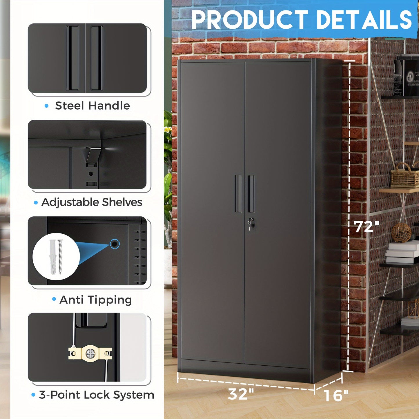Metal Storage Cabinet, 71''/ 36''H for garage Storage Cabinet With Adjustable Shelves And Lockable Doors, Closet Storage And Organization For Garage, Gym, Home Office, School, Easy To Assemble