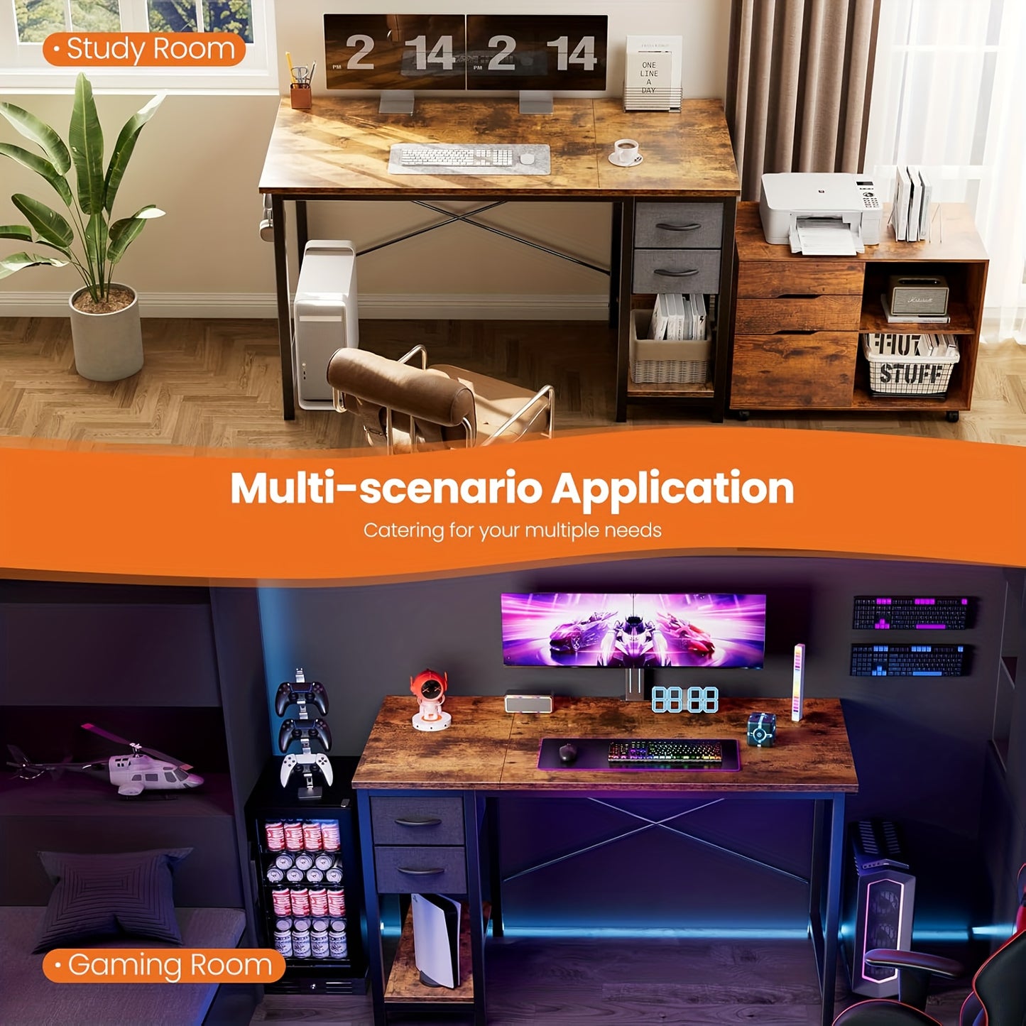 47-Inch Computer Gaming Desk with 2 Adjustable Fabric Storage Drawers, Ideal for Work, Writing, And Study, Computer Desk