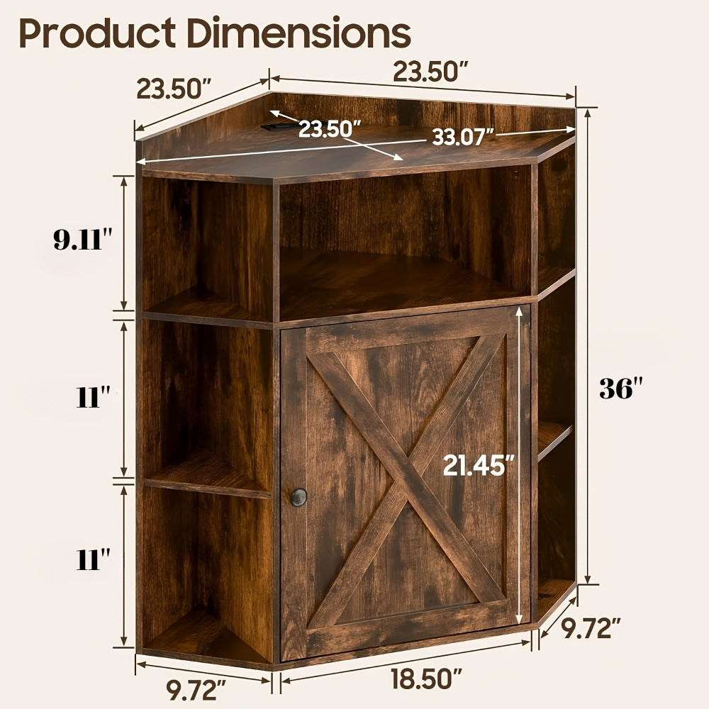 Corner Cabinet with USB Ports & Outlets - 6-Cubby Bookshelf Storage Shelf, Modern Rustic Standing Organizer for Home Office & Living Room, Small Space Corner Shelf