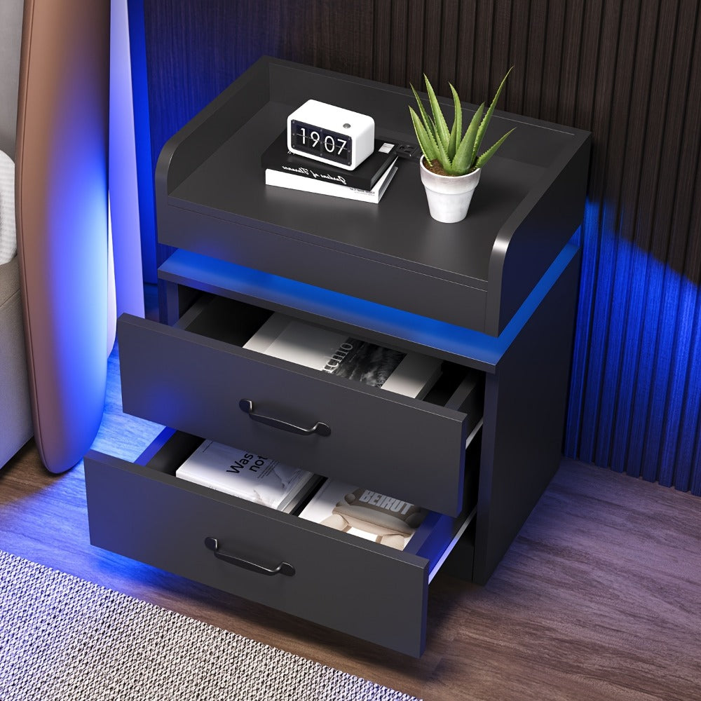 Nightstand with Charging Station LED Lights 2 Drawers Modern Black Bedside Table End Table with Storage for Bedroom Living Room