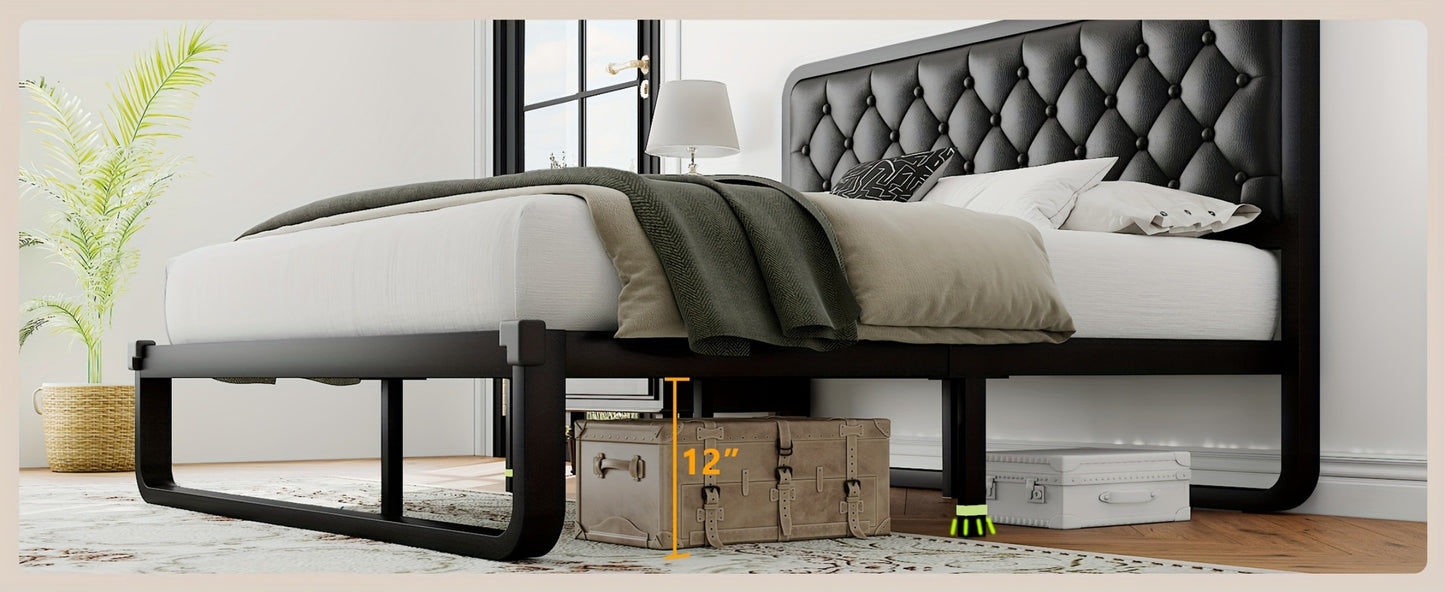 Platform Bed Frame with Button-Tufted Headboard – Black Faux Leather or Dark Grey Linen, 12-Inch Under Bed Storage, Full Queen