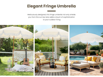 7ft Bohemian Outdoor Umbrella with Fringe Tassels & Carry Bag - UV 50+ Sun Protection, Wind-Resistant Steel Frame, White Canopy with Yellow Fringe Trim, Round Beach & Patio Umbrella for Poolside, Garden, Backyard, Picnic - Easy-Clean Polyester Fabric, Por
