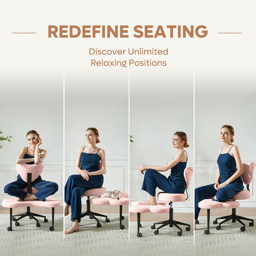 Cross-Legged Meditation Chair with Wheels – Height Adjustable ADHD Chair, Ergonomic Crescent Back Support, Memory Foam Seat, 360° Swivel, Teddy Fleece & Faux Leather in 4 Colors