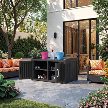 Outdoor Storage Bench with Double Doors & Adjustable Shelf, Entryway Storage Cabinet for Garden Tools & Outdoor Gear, 31.89" Patio Storage Stool in Black & Light Brown, Holiday Gift Idea