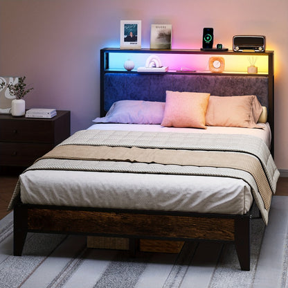 Metal Bed Frame with LED Lights, Headboard with Storage Shelves and Type-C USB Charging Port, Platform Bed No Box Spring Needed, Twin Full Queen King