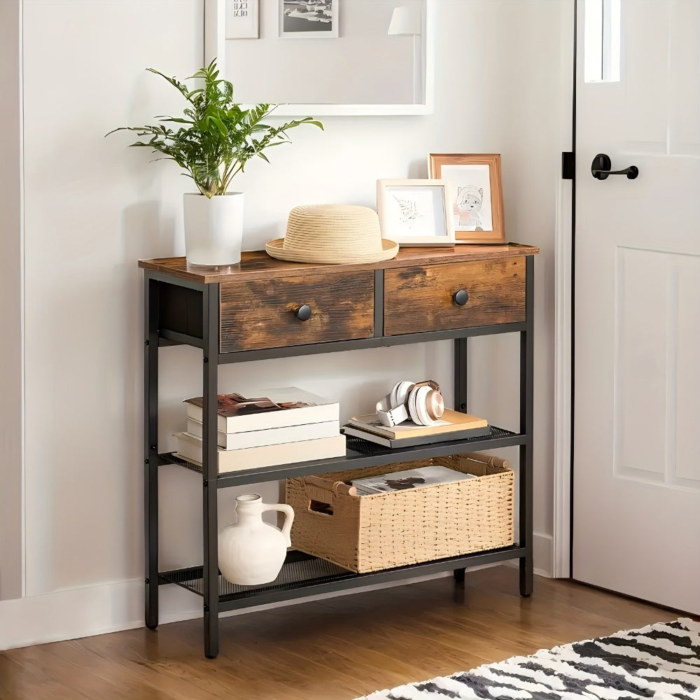 Narrow Console Table 29.5 Inch with 2 Fabric Drawers & 3-Tier Storage Shelves, Rustic Brown & Black Entryway Sofa Table for Living Room Hallway