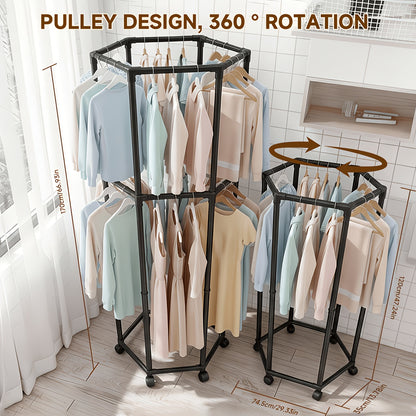 Rotating Clothing Rack with Wheels, Heavy Duty Metal Garment Rack for Hanging Clothes, Multifunctional Rotating Clothing Organizer, Freestanding Closet Organizer for Bedroom, Laundry Room, Space Saving Closet Storage for Coats, Dresses, Pants