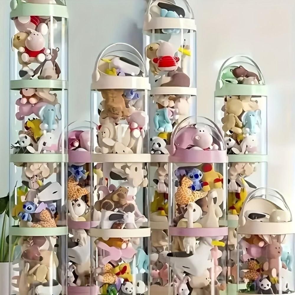 4-Layer Clear Plastic Stuffed Animal Storage Tower Plush Zoo House Organizer Dustproof Display Tube for Bedroom Living Room Dollhouse Decor Green Cream Pink