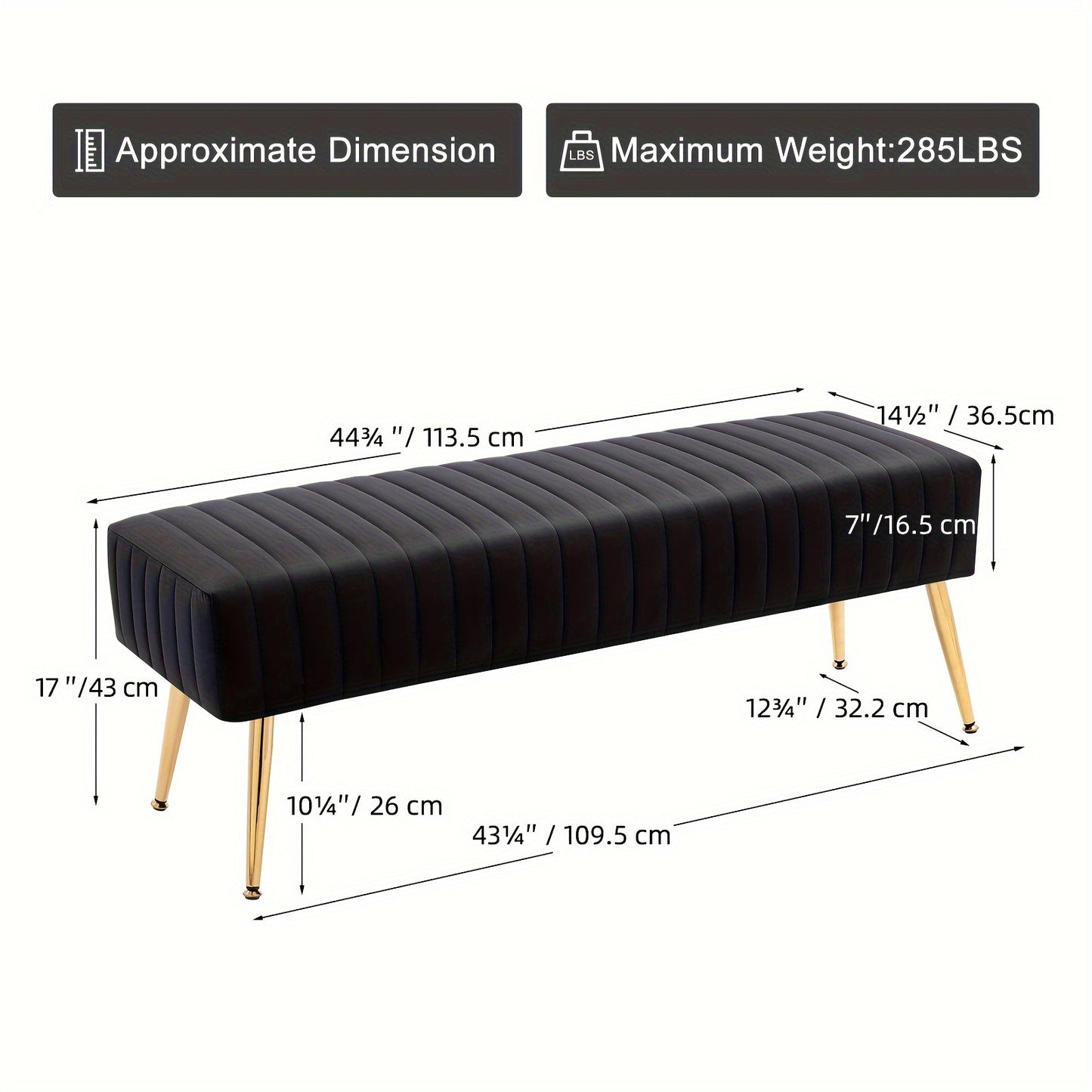 Accent Bench shown in the Black, 15"D x 44.75"W x 17.25"H option